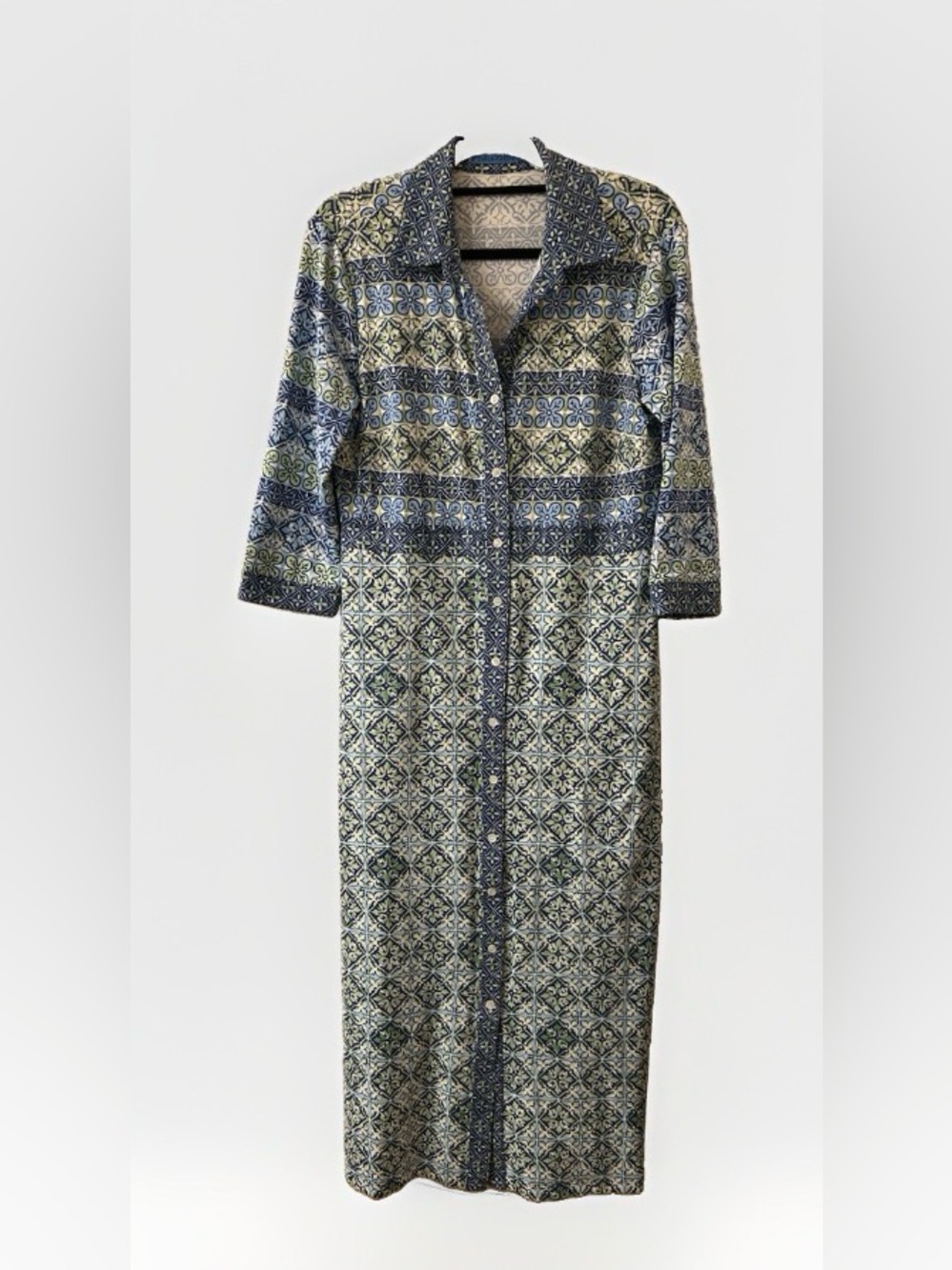 J. McLaughlin Navy and Sage Geometric Button-Front Maxi Dress